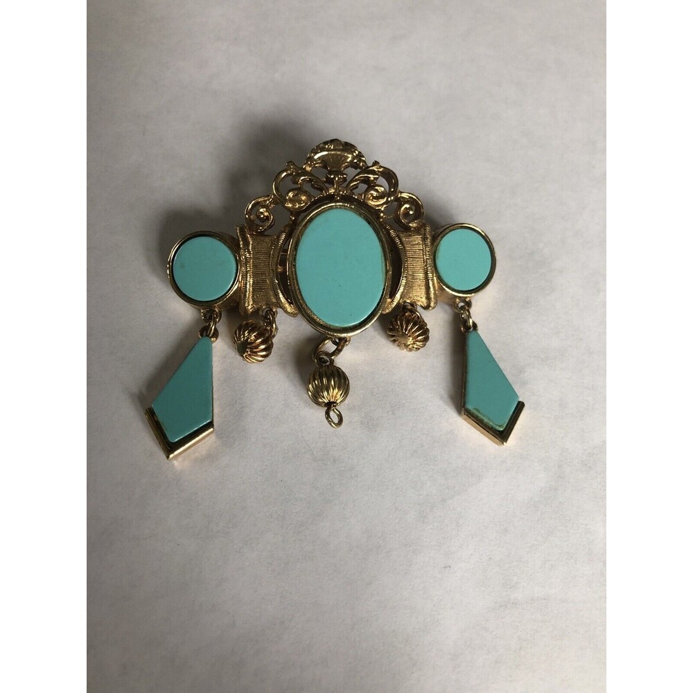 Vintage R. Mandle Oval Faux Turquoise Gold Tone Ornate Designer Brooch Pin